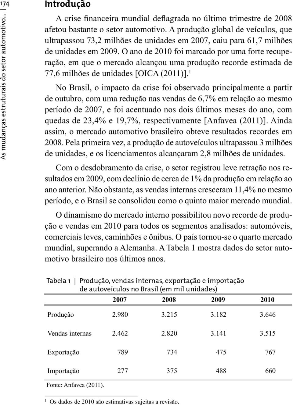 O ano de 2010 foi marcado por uma forte recuperação, em que o mercado alcançou uma produção recorde estimada de 77,6 milhões de unidades [OICA (2011)].