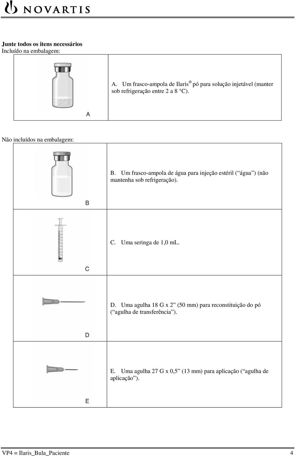 Não incluídos na embalagem: B. Um frasco-ampola de água para injeção estéril ( água ) (não mantenha sob refrigeração). C.