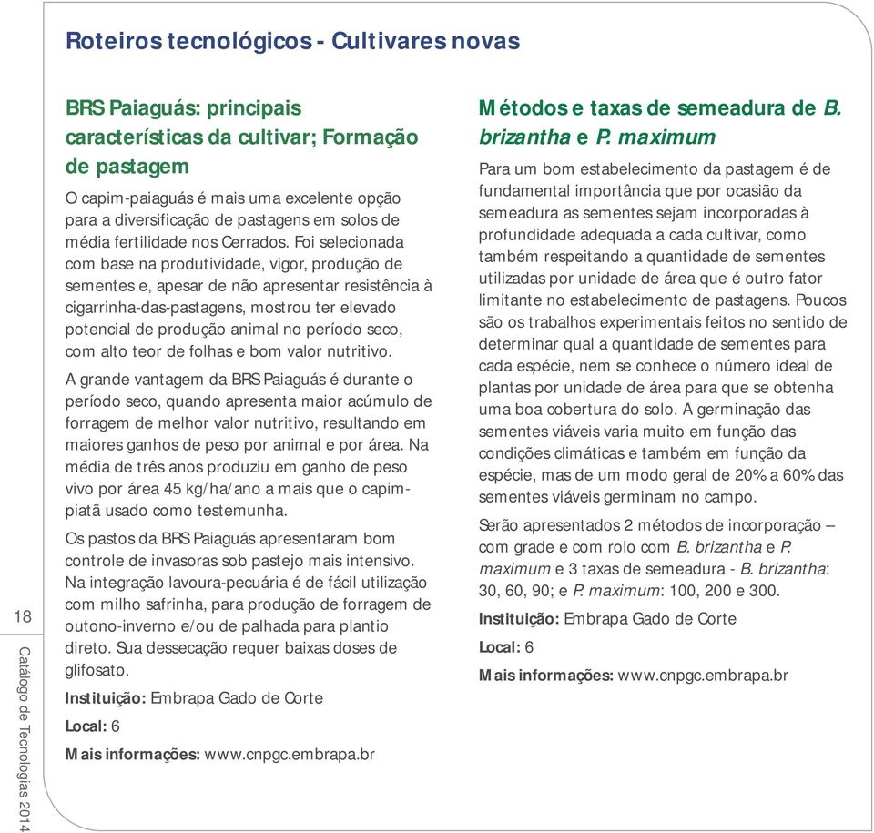 Foi selecionada com base na produtividade, vigor, produção de sementes e, apesar de não apresentar resistência à cigarrinha-das-pastagens, mostrou ter elevado potencial de produção animal no período