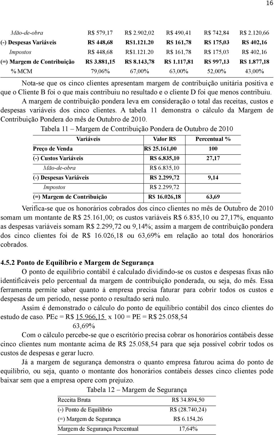 877,18 % MCM 79,06% 67,00% 63,00% 52,00% 43,00% Nota-se que os cinco clientes apresentam margem de contribuição unitária positiva e que o Cliente B foi o que mais contribuiu no resultado e o cliente