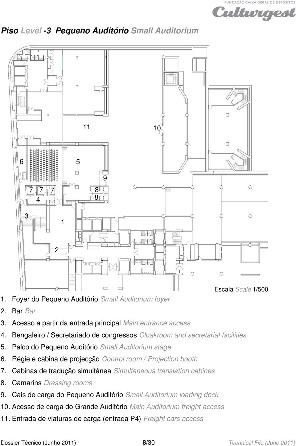 Régie e cabina de projecção Control room / Projection booth 7. Cabinas de tradução simultânea Simultaneous translation cabines 8. Camarins Dressing rooms 9.