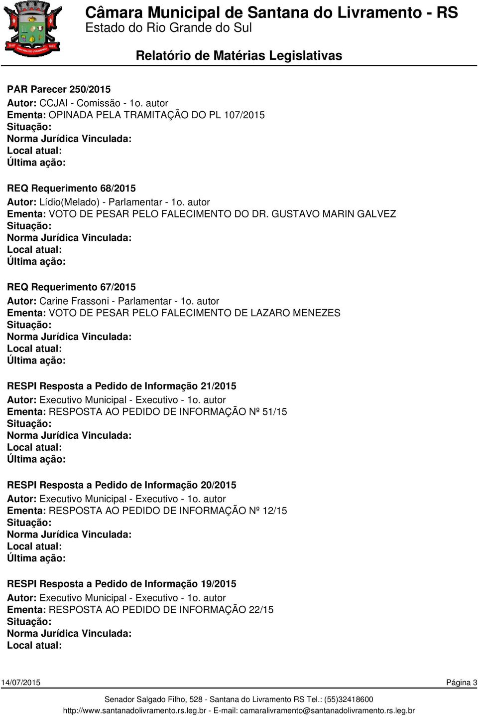 autor Ementa: VOTO DE PESAR PELO FALECIMENTO DE LAZARO MENEZES RESPI Resposta a Pedido de Informação 21/2015 Autor: Executivo Municipal - Executivo - 1o.