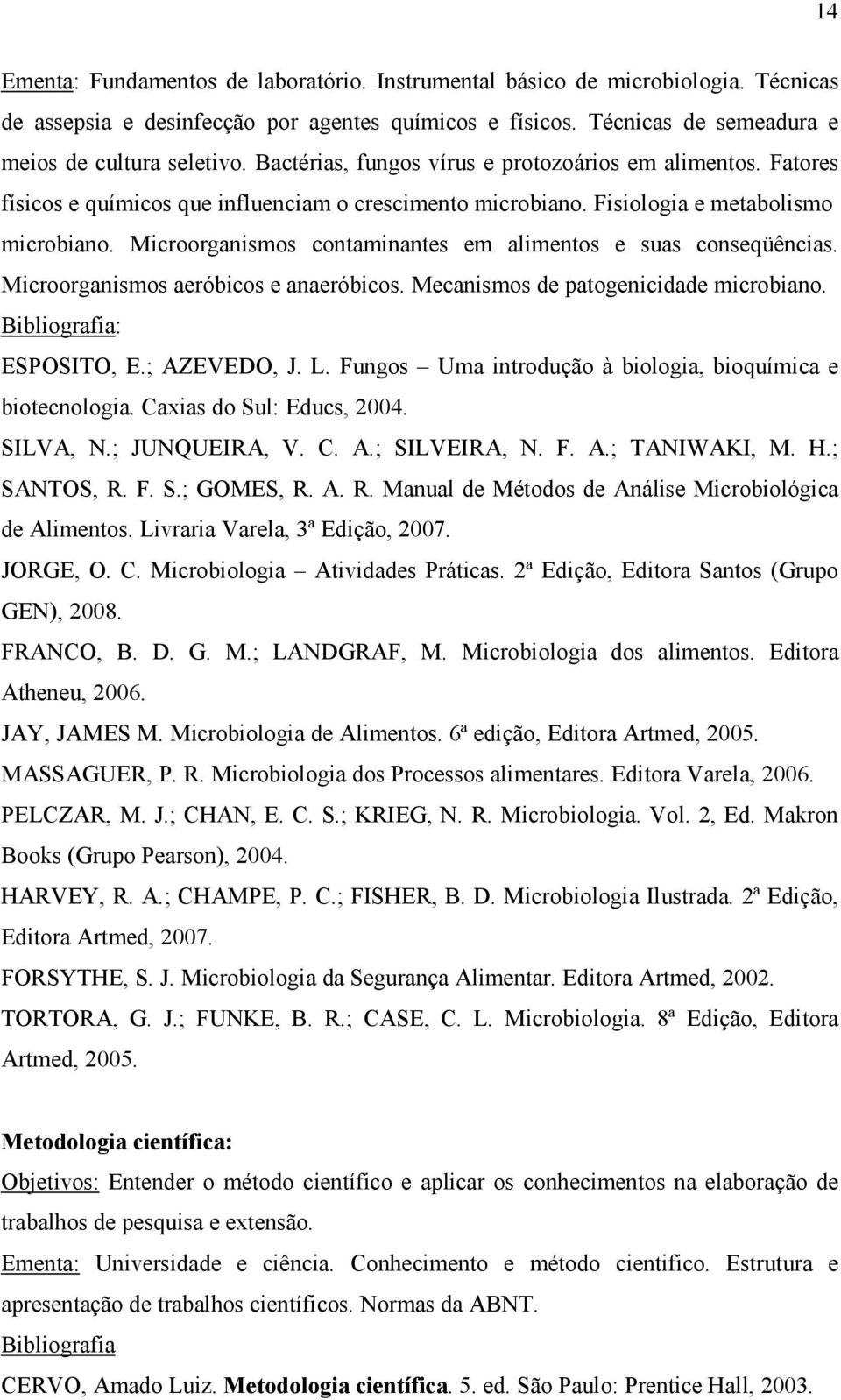 Microorganismos contaminantes em alimentos e suas conseqüências. Microorganismos aeróbicos e anaeróbicos. Mecanismos de patogenicidade microbiano. ESPOSITO, E.; AZEVEDO, J. L.