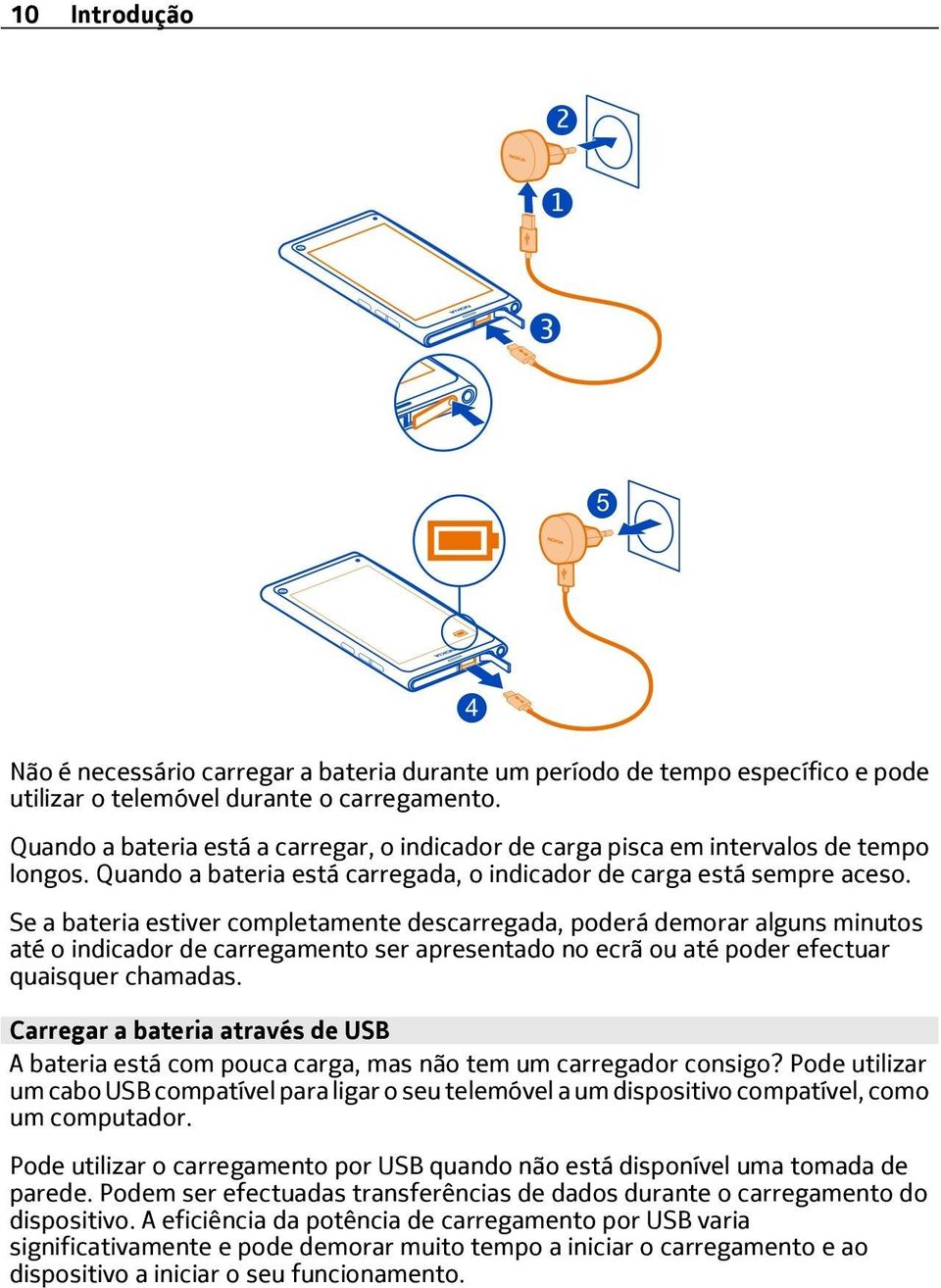 Se a bateria estiver completamente descarregada, poderá demorar alguns minutos até o indicador de carregamento ser apresentado no ecrã ou até poder efectuar quaisquer chamadas.