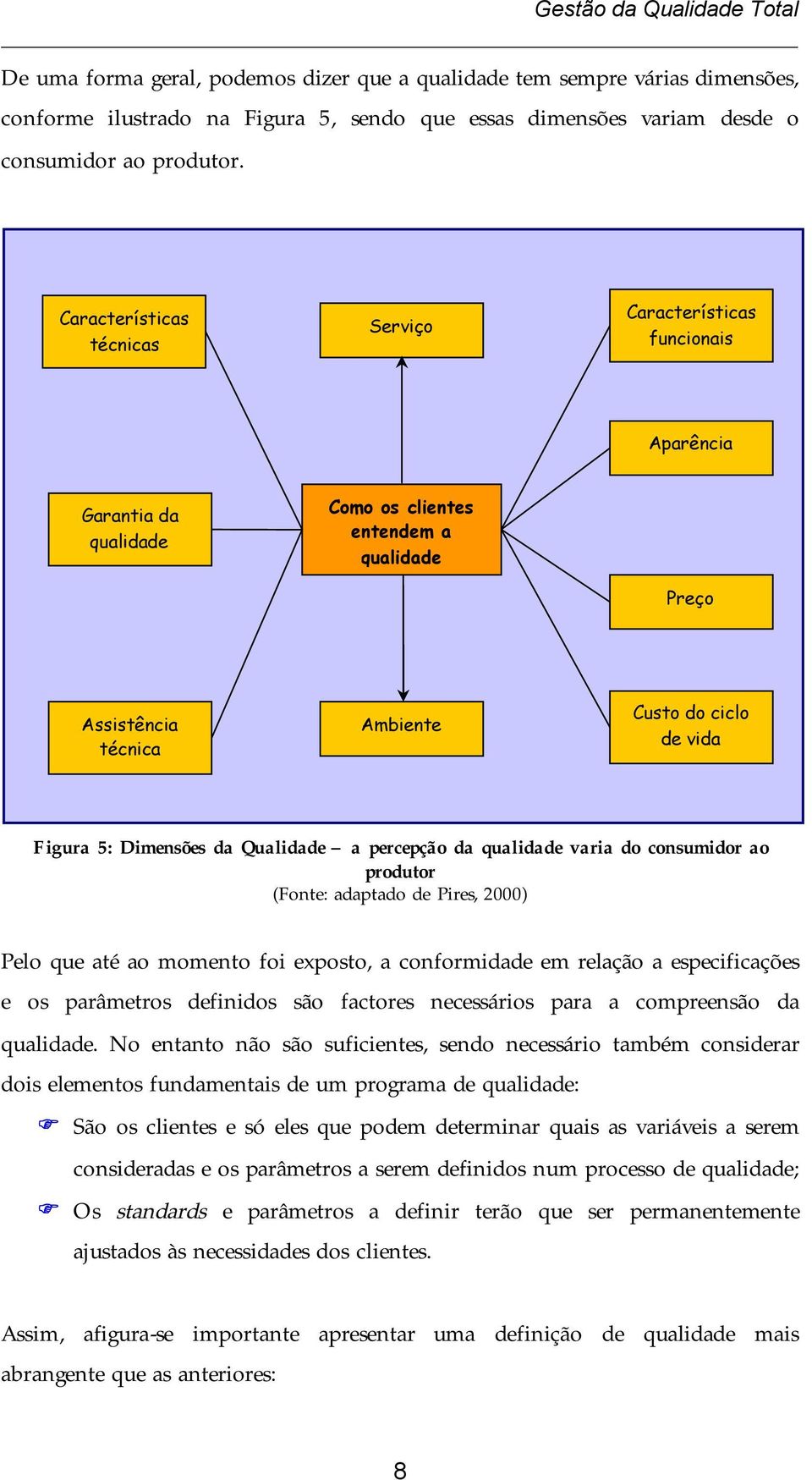 Dimensões da Qualidade a percepção da qualidade varia do consumidor ao produtor (Fonte: adaptado de Pires, 2000) Pelo que até ao momento foi exposto, a conformidade em relação a especificações e os