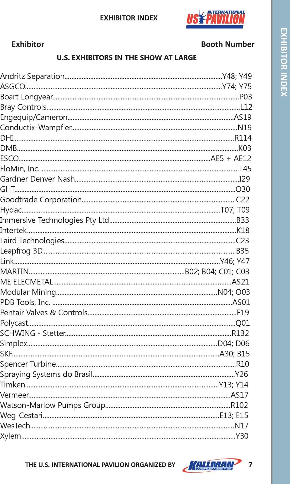 ..B33 Intertek...K18 Laird Technologies...C23 Leapfrog 3D...B35 Link...Y46; Y47 MARTIN...B02; B04; C01; C03 ME ELECMETAL...AS21 Modular Mining...N04; O03 PDB Tools, Inc....AS01 Pentair Valves & Controls.