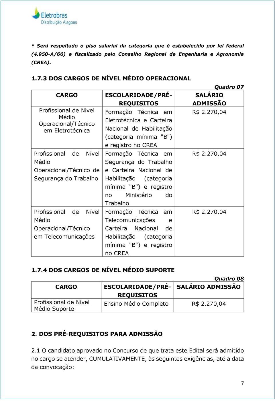 Nível Médio Operacional/Técnico em Telecomunicações REQUISITOS Formação Técnica em Eletrotécnica e Carteira Nacional de Habilitação (categoria mínima "B") e registro no CREA Formação Técnica em