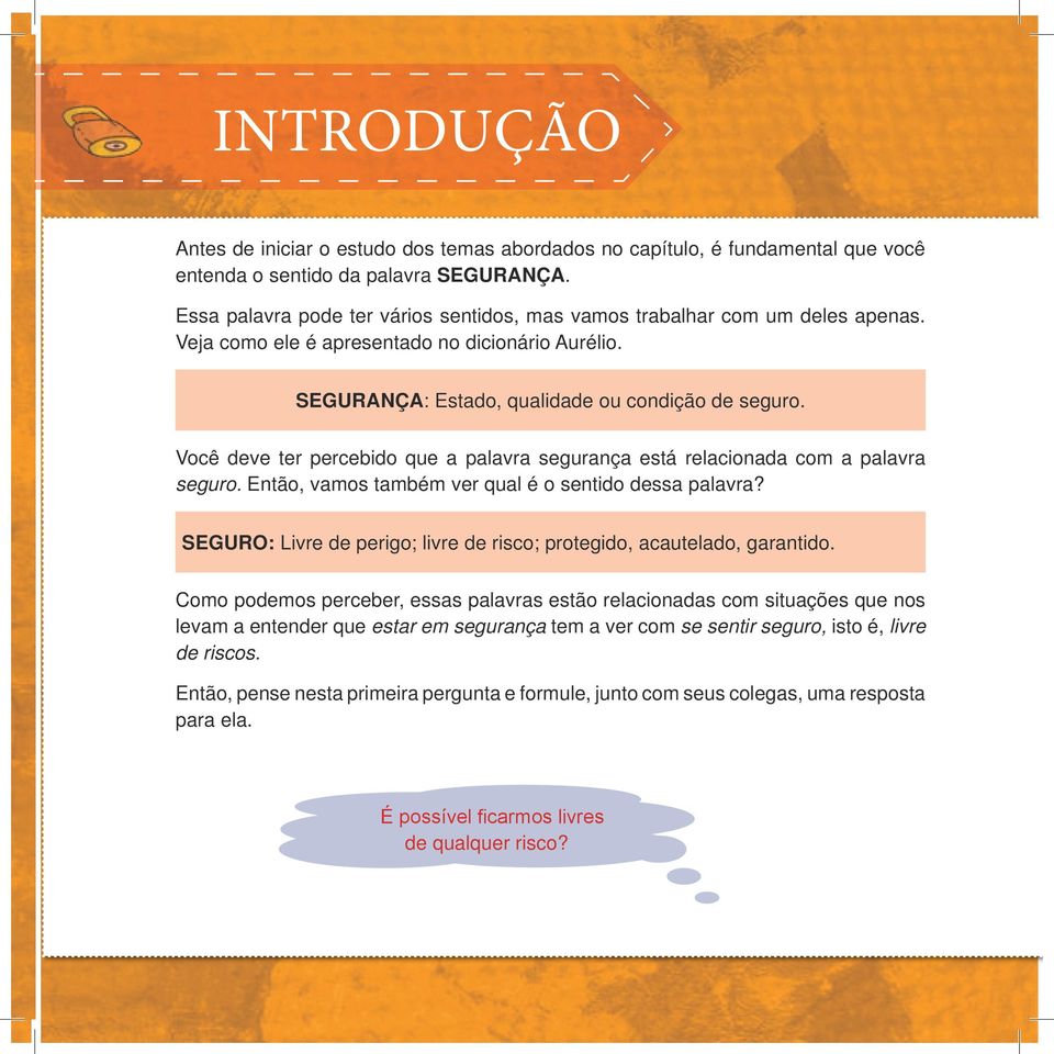 Você deve ter percebido que a palavra segurança está relacionada com a palavra seguro. Então, vamos também ver qual é o sentido dessa palavra?