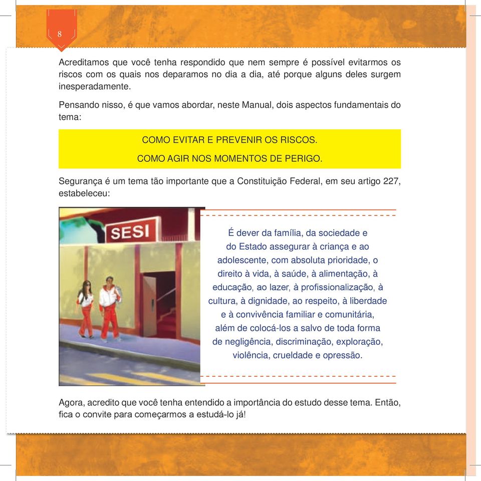 Segurança é um tema tão importante que a Constituição Federal, em seu artigo 227, estabeleceu: É dever da família, da sociedade e do Estado assegurar à criança e ao adolescente, com absoluta