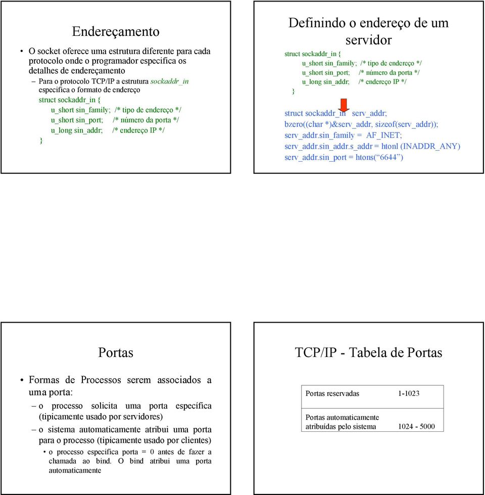 struct sockaddr_in { u_short sin_family; /* tipo de endereço */ u_short sin_port; /* número da porta */ u_long sin_addr; /* endereço IP */ struct sockaddr_in serv_addr; bzero((char *)&serv_addr,