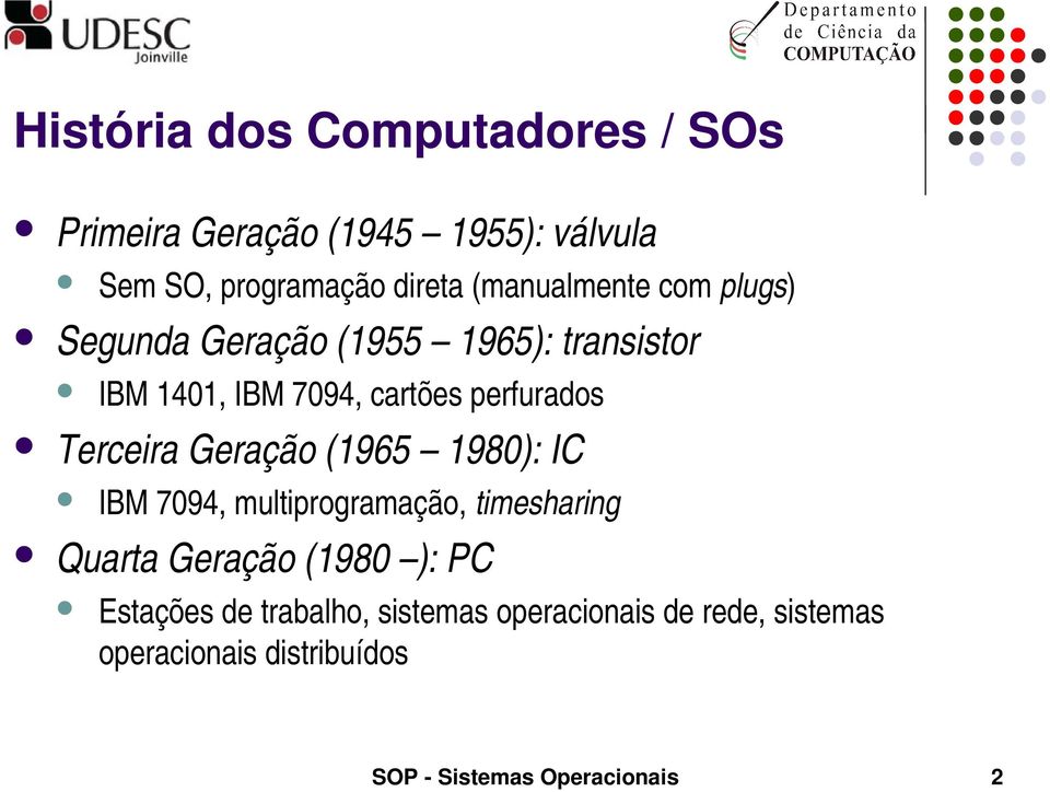 Terceira Geração (1965 1980): IC IBM 7094, multiprogramação, timesharing Quarta Geração (1980 ): PC