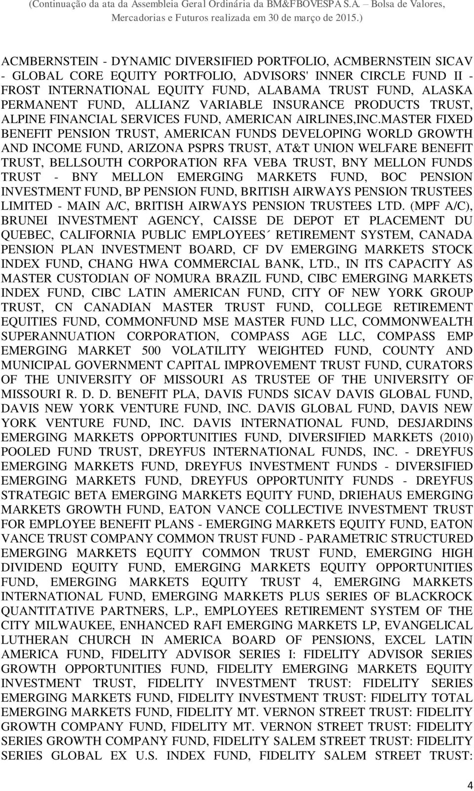 MASTER FIXED BENEFIT PENSION TRUST, AMERICAN FUNDS DEVELOPING WORLD GROWTH AND INCOME FUND, ARIZONA PSPRS TRUST, AT&T UNION WELFARE BENEFIT TRUST, BELLSOUTH CORPORATION RFA VEBA TRUST, BNY MELLON