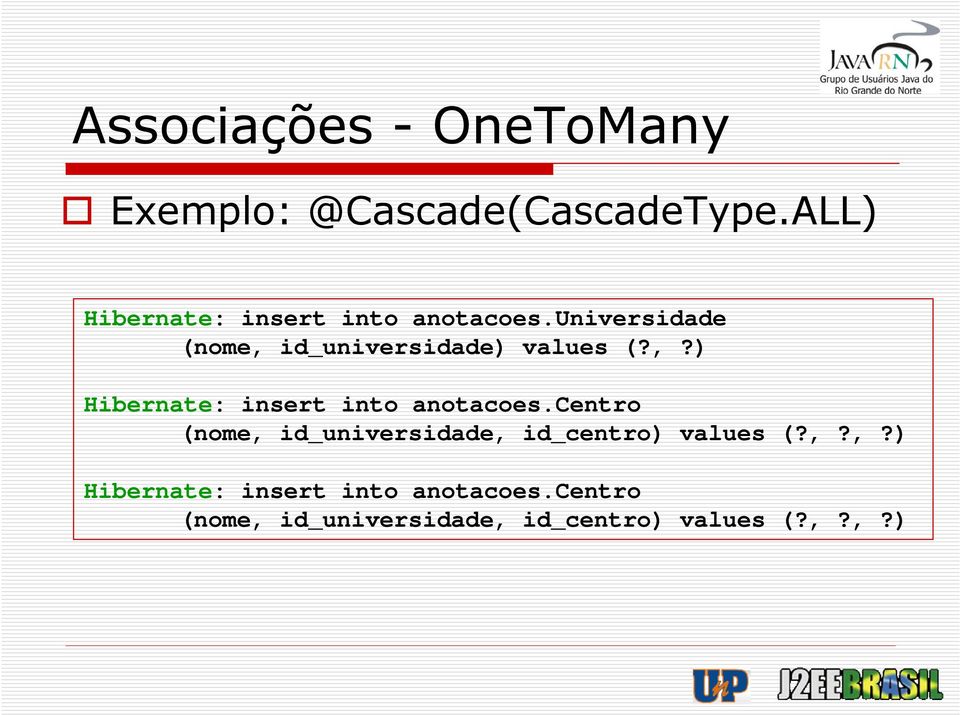 universidade (nome, id_universidade) values (?,?) Hibernate: insert into anotacoes.