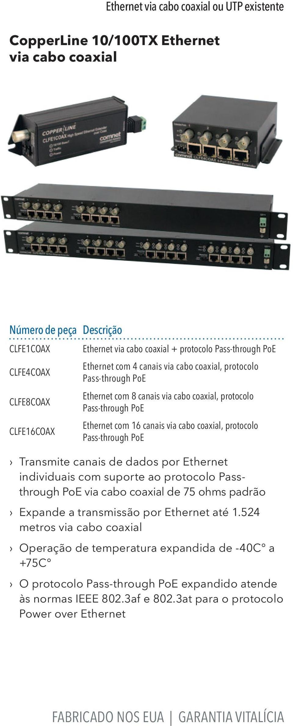 Pass-through PoE Transmite canais de dados por Ethernet individuais com suporte ao protocolo Passthrough PoE via cabo coaxial de 75 ohms padrão Expande a transmissão por Ethernet até 1.