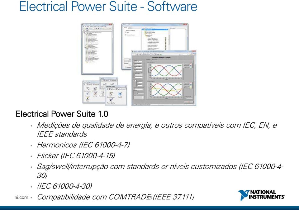 standards Harmonicos (IEC 61000-4-7) Flicker (IEC 61000-4-15) Sag/swell/interrupção