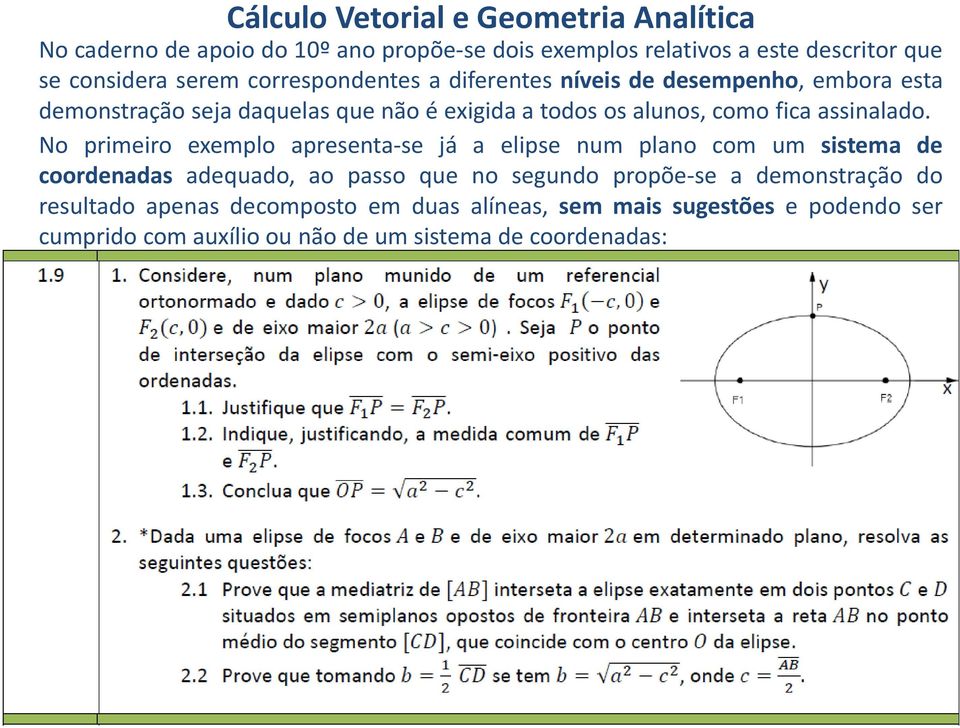 No primeiro exemplo apresenta-se já a elipse num plano com um sistema de coordenadas adequado, ao passo que no segundo propõe-se a