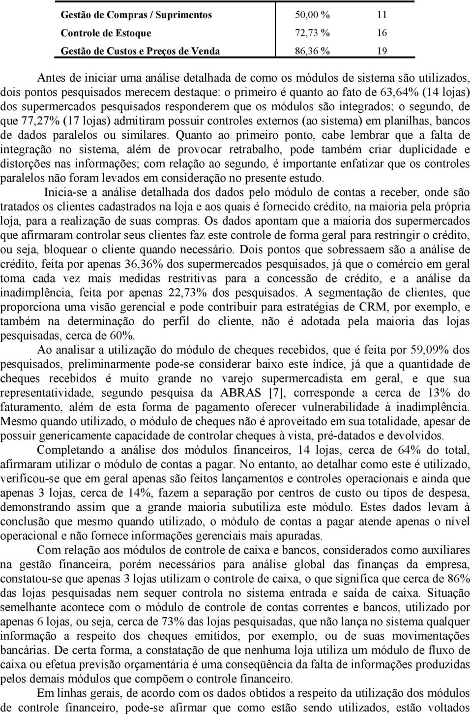 77,27% (17 lojas) admitiram possuir controles externos (ao sistema) em planilhas, bancos de dados paralelos ou similares.