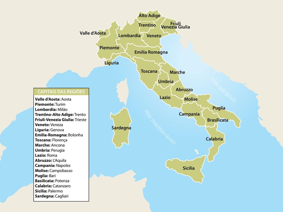 Emilia-Romagna: Bolonha Toscana: Florença Marche: Ancona Umbria: Perugia Lazio: Roma Abruzzo: L'Aquila Campania: Napoles Molise: Campobasso Puglia: