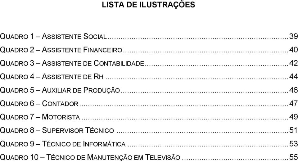 .. 44 QUADRO 5 AUXILIAR DE PRODUÇÃO... 46 QUADRO 6 CONTADOR... 47 QUADRO 7 MOTORISTA.