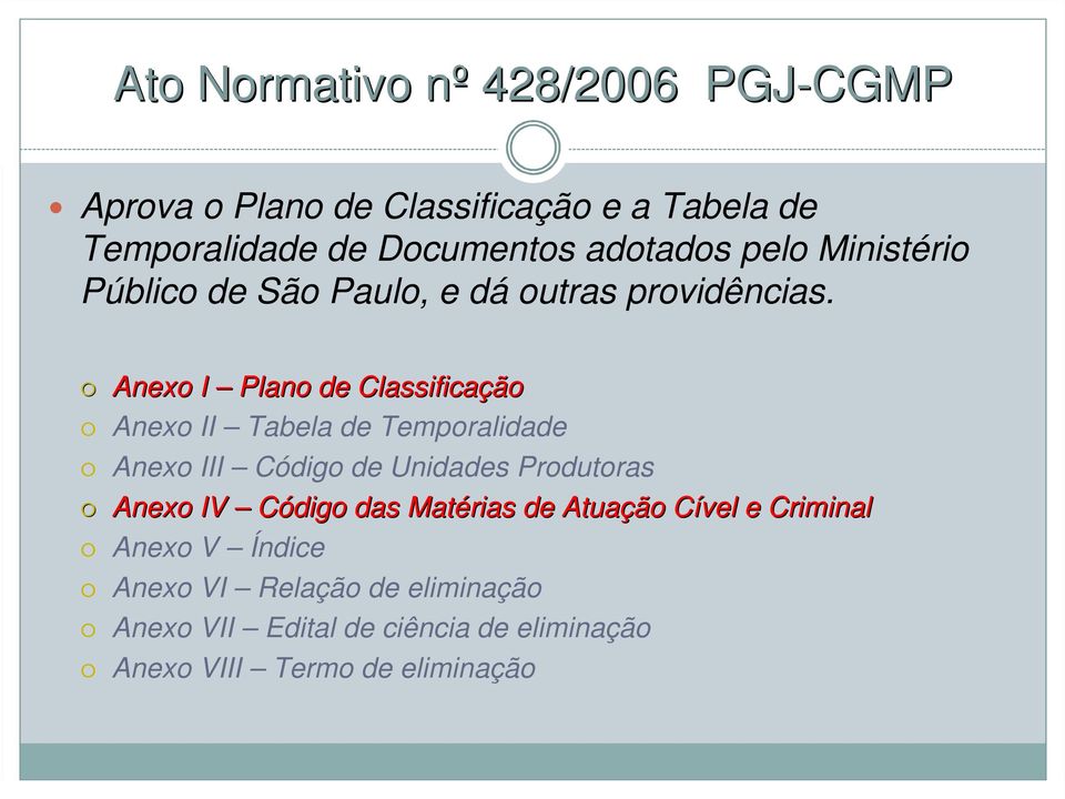 Anexo I Plano de Classificação Anexo II Tabela de Temporalidade Anexo III Código de Unidades Produtoras Anexo IV