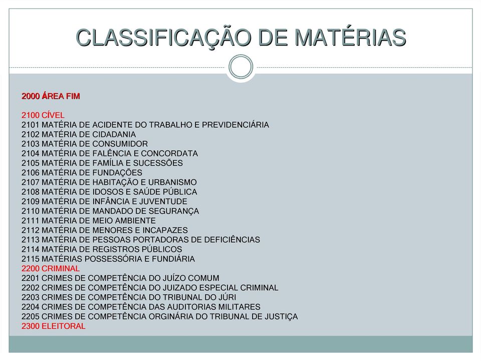 DE SEGURANÇA 2111 MATÉRIA DE MEIO AMBIENTE 2112 MATÉRIA DE MENORES E INCAPAZES 2113 MATÉRIA DE PESSOAS PORTADORAS DE DEFICIÊNCIAS 2114 MATÉRIA DE REGISTROS PÚBLICOS 2115 MATÉRIAS POSSESSÓRIA E