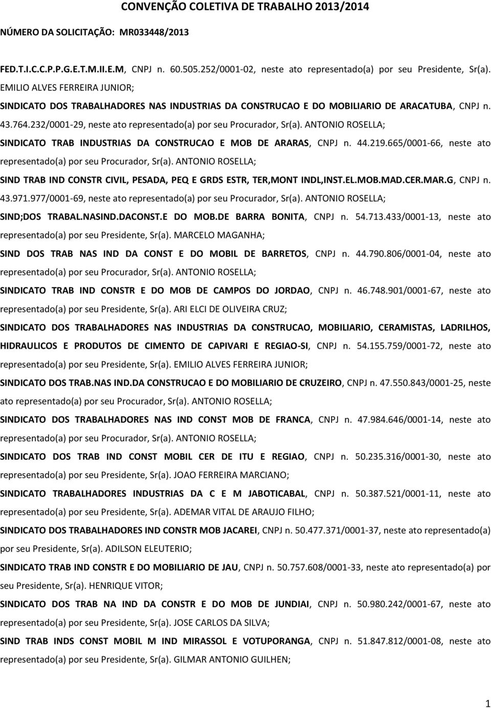 ANTONIO ROSELLA; SINDICATO TRAB INDUSTRIAS DA CONSTRUCAO E MOB DE ARARAS, CNPJ n. 44.219.665/0001-66, neste ato representado(a) por seu Procurador, Sr(a).