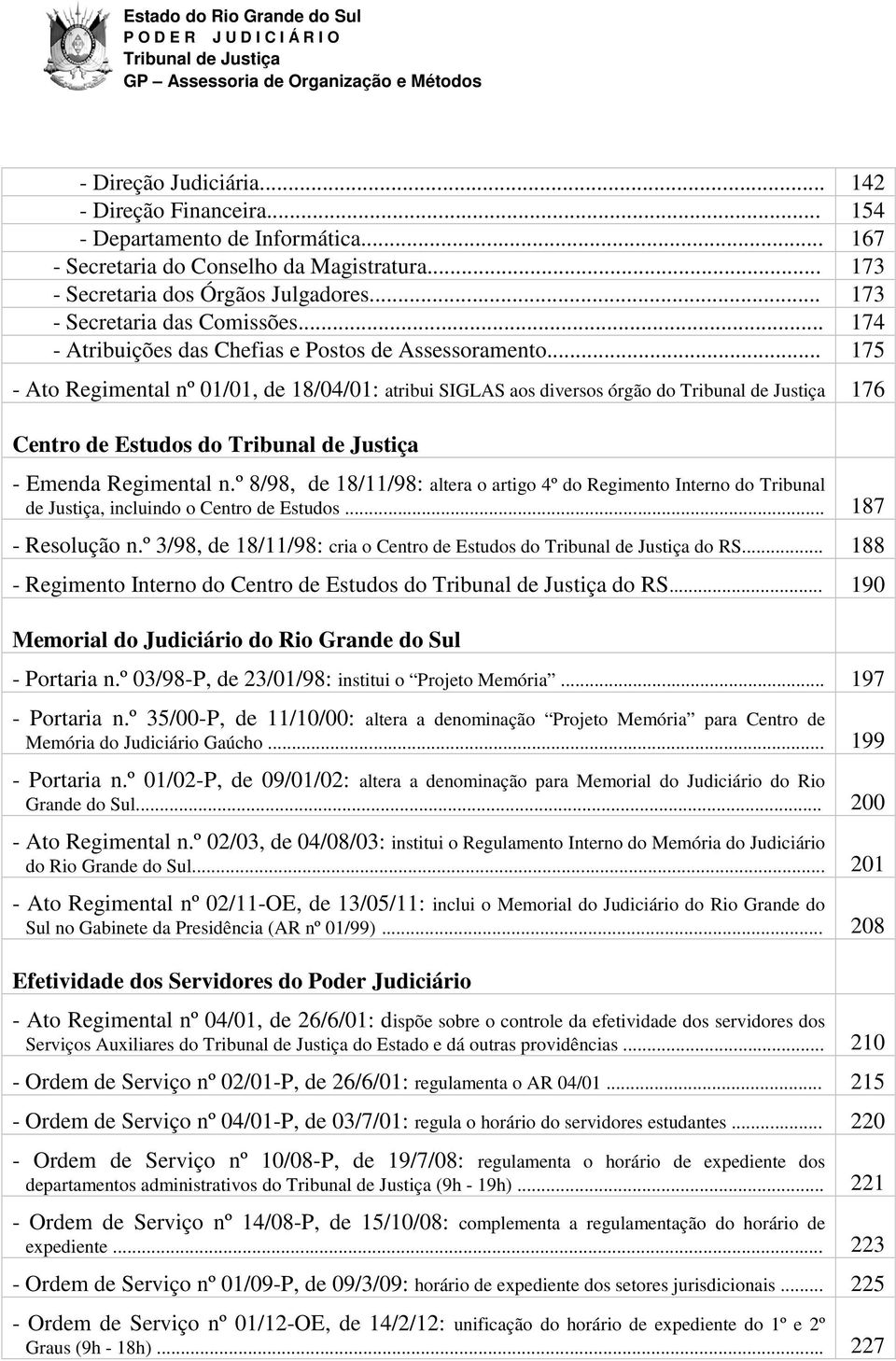 .. 175 - Ato Regimental nº 01/01, de 18/04/01: atribui SIGLAS aos diversos órgão do 176 Centro de Estudos do - Emenda Regimental n.