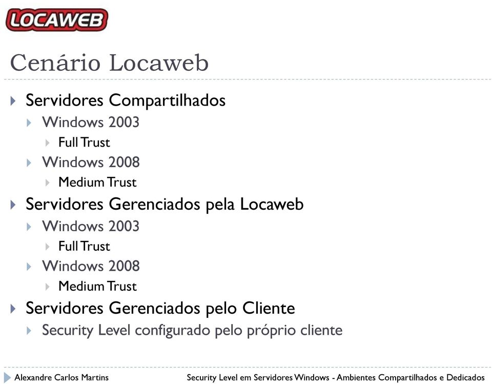 Windows 2003 Full Trust Windows 2008 Medium Trust Servidores