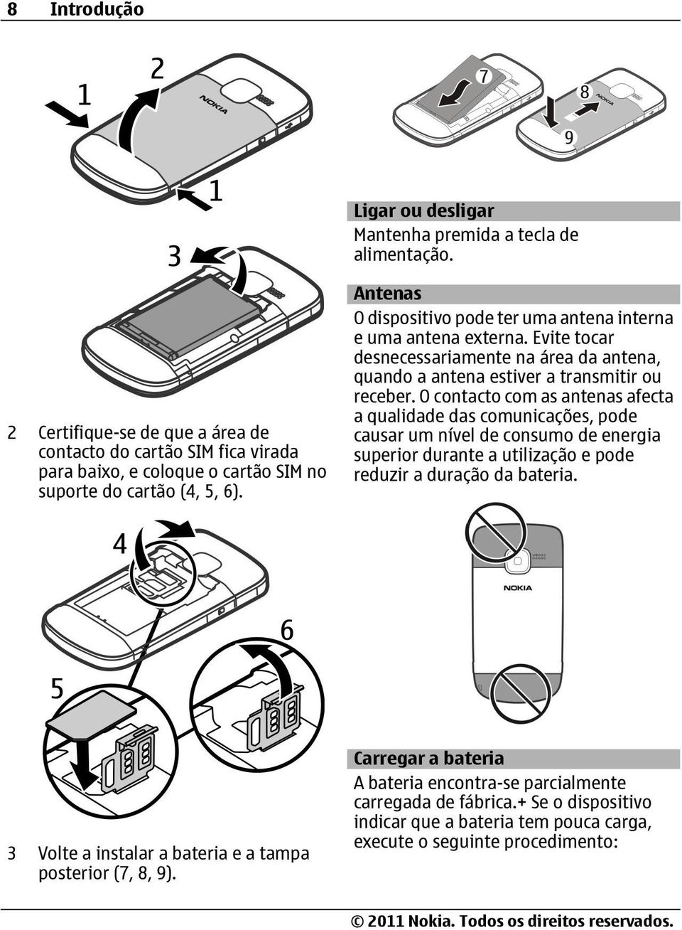 Antenas O dispositivo pode ter uma antena interna e uma antena externa. Evite tocar desnecessariamente na área da antena, quando a antena estiver a transmitir ou receber.