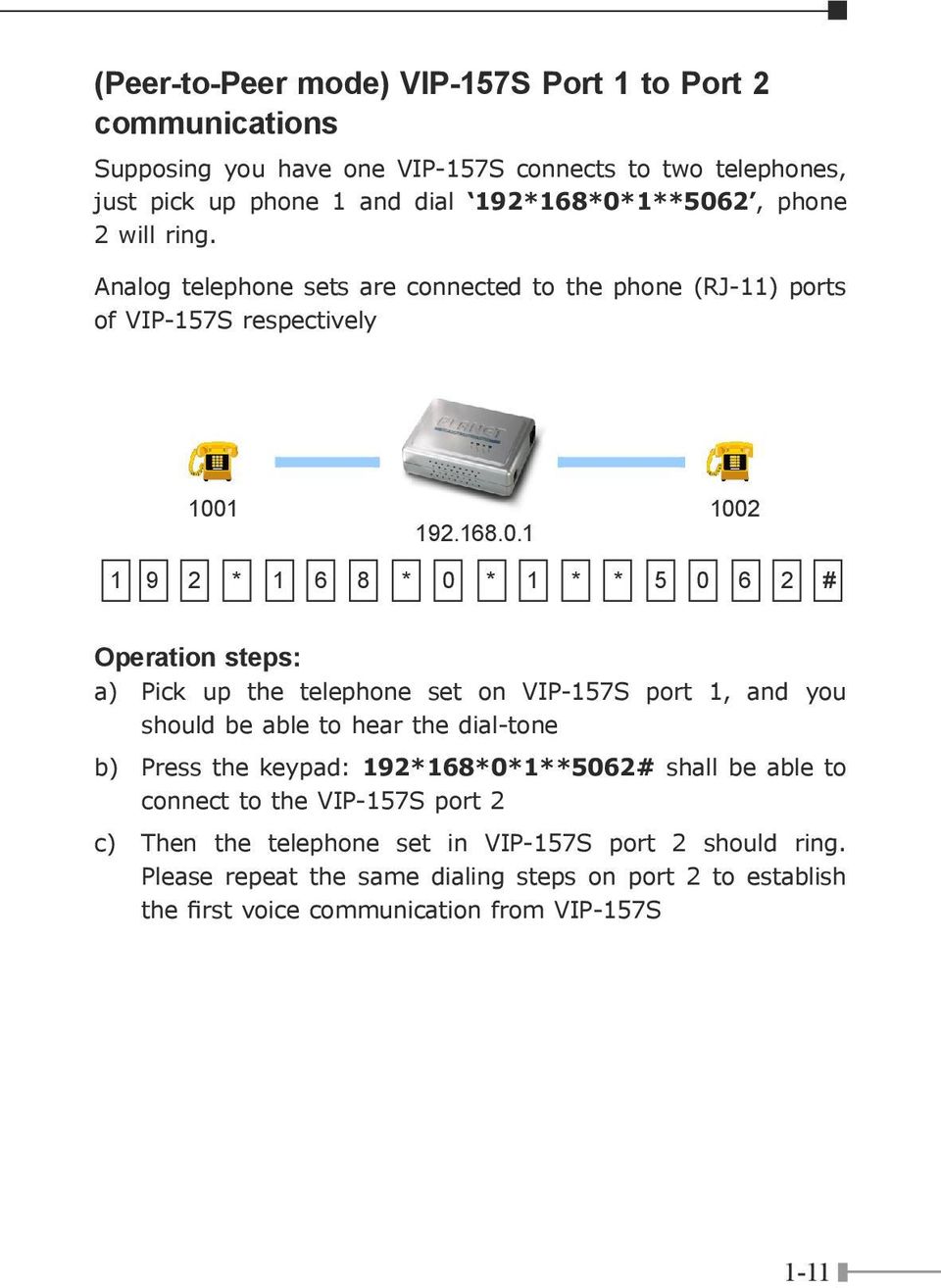 1 1002 192.168.0.1 1 9 2 * 1 6 8 * 0 * 1 * * 5 0 6 2 # Operation steps: a) Pick up the telephone set on VIP-157S port 1, and you should be able to hear the dial-tone b) Press