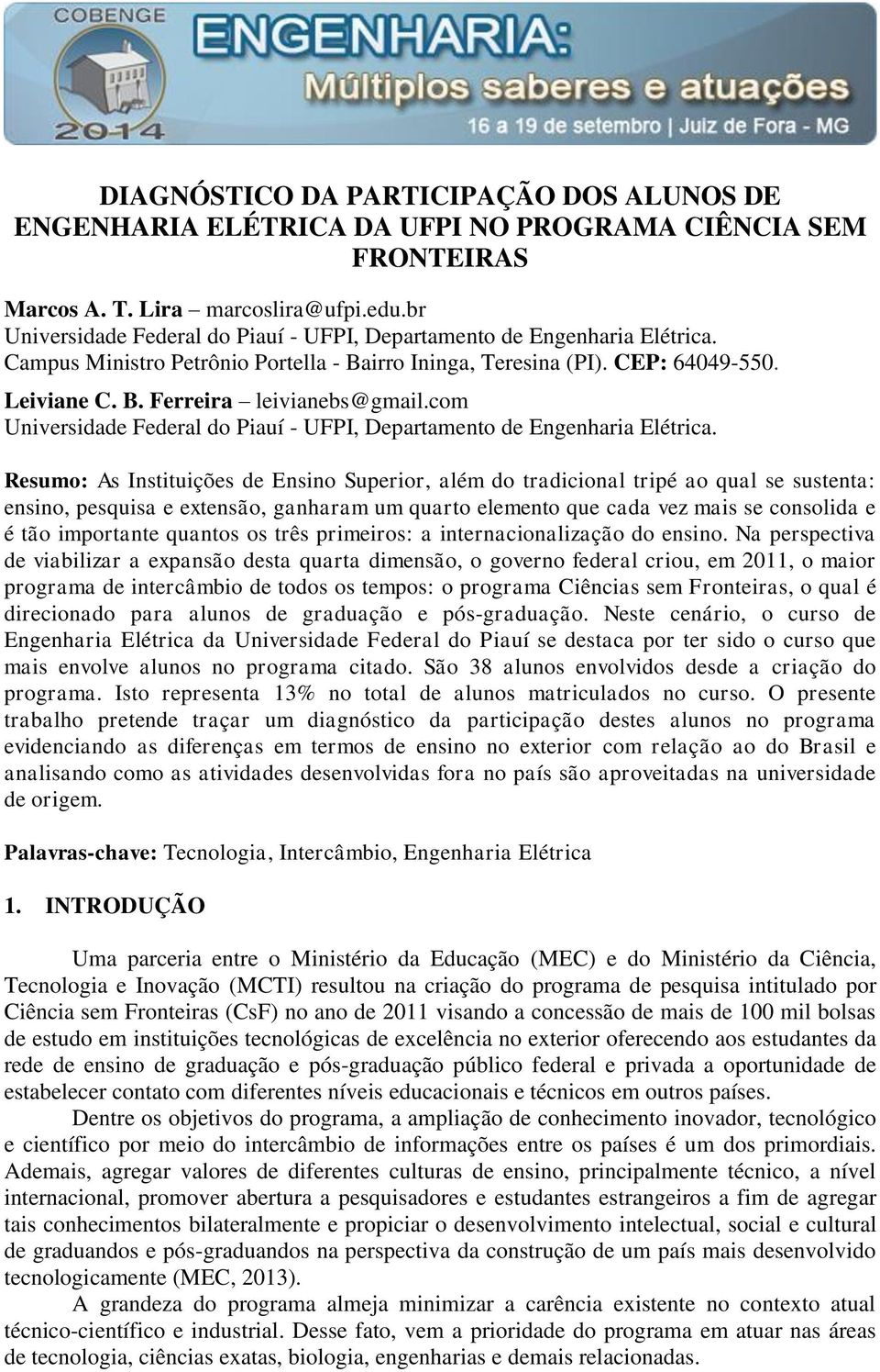 com Universidade Federal do Piauí - UFPI, Departamento de Engenharia Elétrica.