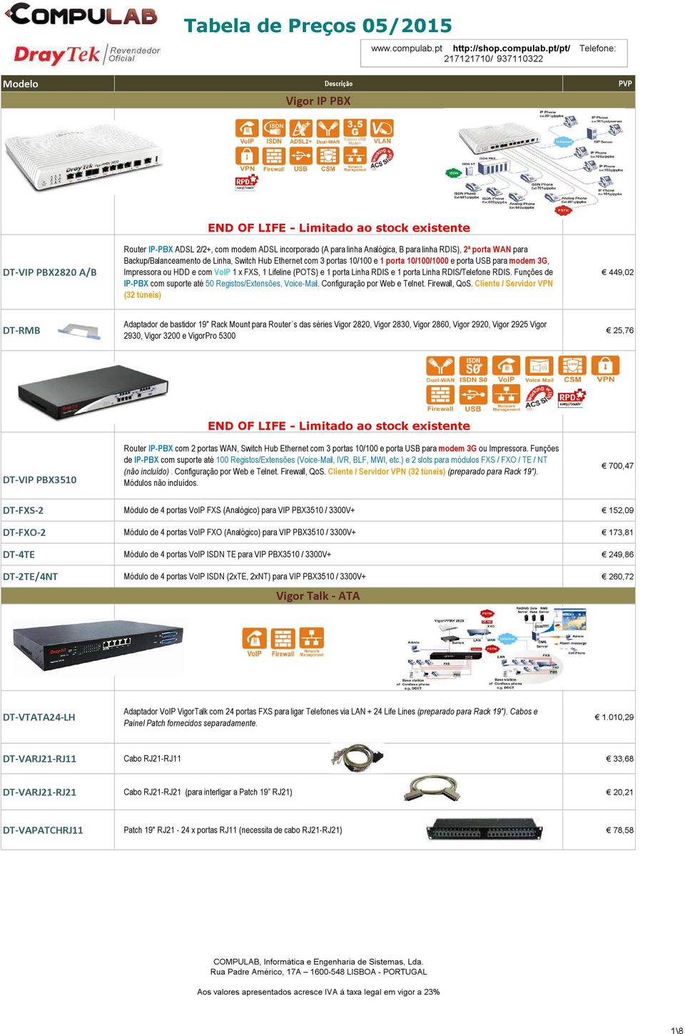 pt/pt/ Telefone: 217121710/ 937110322 Vigor IP PBX END OF LIFE - Limitado ao stock existente DT-VIP PBX2820 A/B Router IP-PBX ADSL 2/2+, com modem ADSL incorporado (A para linha Analógica, B para