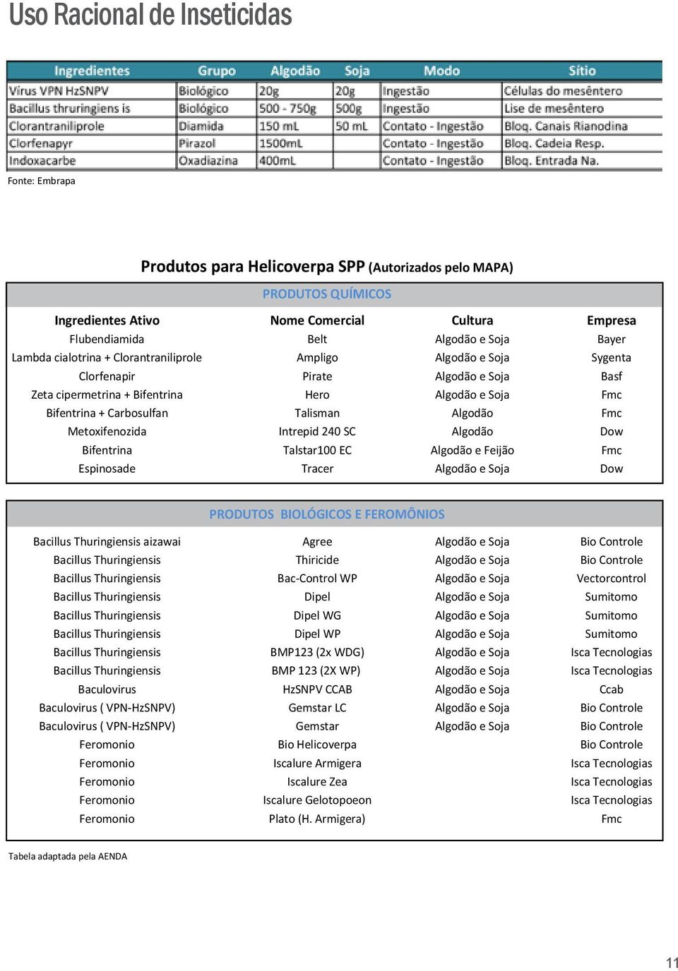 Talisman Algodão Fmc Metoxifenozida Intrepid 240 SC Algodão Dow Bifentrina Talstar100 EC Algodão e Feijão Fmc Espinosade Tracer Algodão e Soja Dow PRODUTOS BIOLÓGICOS E FEROMÔNIOS Bacillus