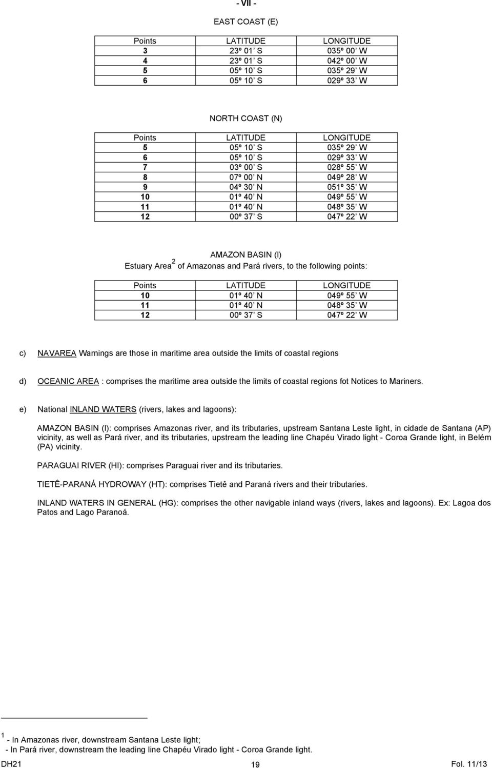 Pará rivers, to the following points: Points LATITUDE LONGITUDE 10 01º 40 N 049º 55 W 11 01º 40 N 048º 35 W 12 00º 37 S 047º 22 W c) NAVAREA Warnings are those in maritime area outside the limits of