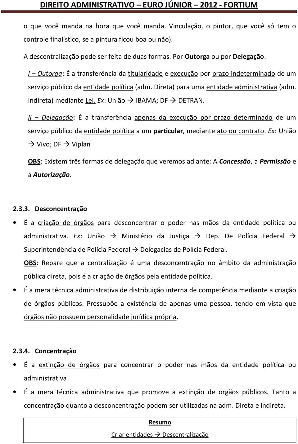 Direta) para uma entidade administrativa (adm. Indireta) mediante Lei. Ex: União IBAMA; DF DETRAN.