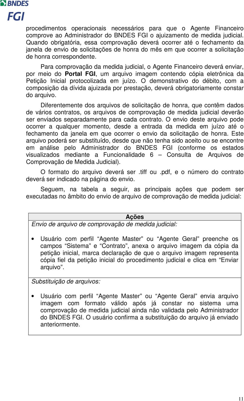 Para comprovação da medida judicial, o Agente Financeiro deverá enviar, por meio do Portal FGI, um arquivo imagem contendo cópia eletrônica da Petição Inicial protocolizada em juízo.