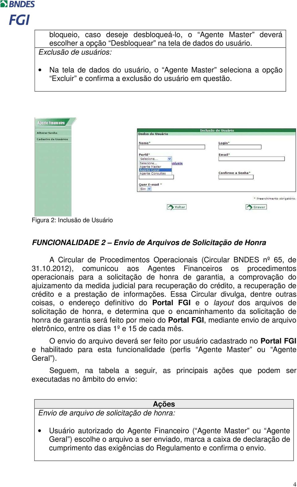 Figura 2: Inclusão de Usuário FUNCIONALIDADE 2 Envio de Arquivos de Solicitação de Honra A Circular de Procedimentos Operacionais (Circular BNDES nº 65, de 31.10.