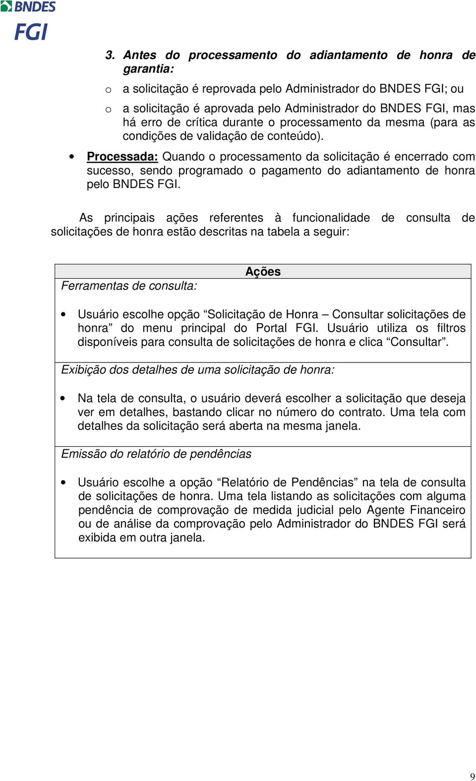 Processada: Quando o processamento da solicitação é encerrado com sucesso, sendo programado o pagamento do adiantamento de honra pelo BNDES FGI.