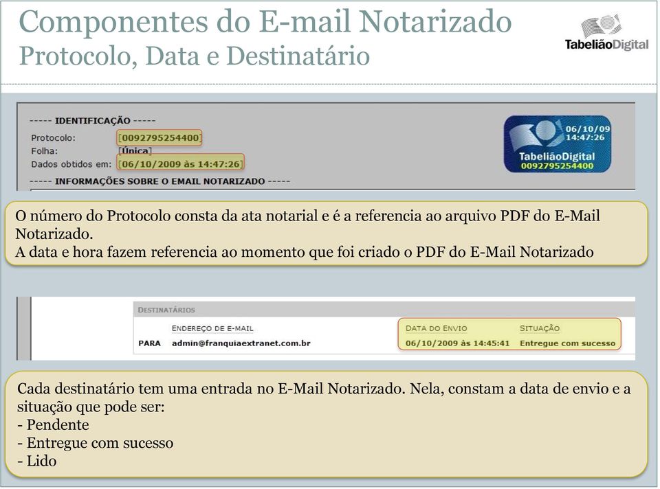 A data e hora fazem referencia ao momento que foi criado o PDF do E-Mail Notarizado Cada