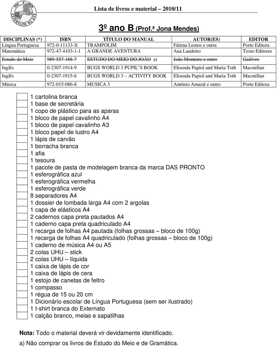 Landeiro Texto Editores Estudo do Meio 989-557-188-7 ESTUDO DO MEIO DO JOÃO a) João Monteiro e outro Gailivro Inglês 0-2307-1914-9 BUGS WORLD 3 PUPIL S BOOK Elisenda Papiol and Maria Toth Macmillan