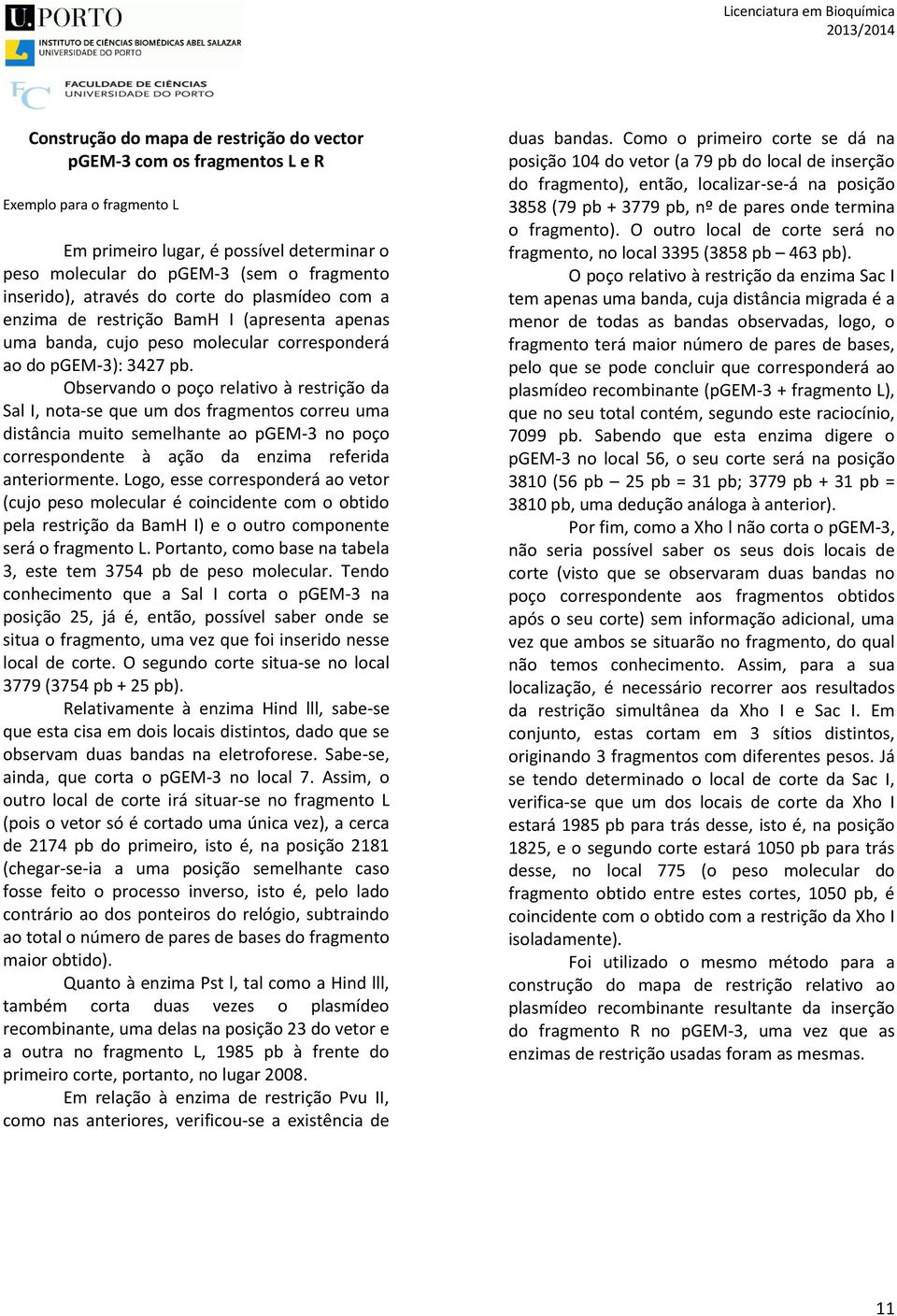 Observando o poço relativo à restrição da Sal I, nota-se que um dos fragmentos correu uma distância muito semelhante ao pgem-3 no poço correspondente à ação da enzima referida anteriormente.