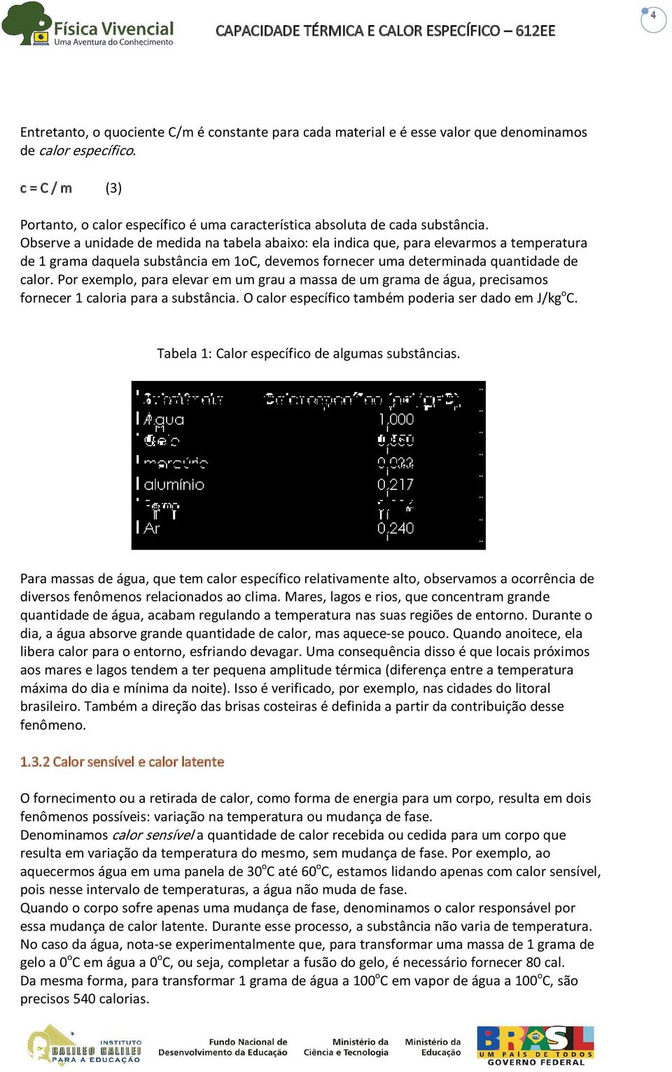 Observe a unidade de medida na tabela abaixo: ela indica que, para elevarmos a temperatura de 1 grama daquela substância em 1oC, devemos fornecer uma determinada quantidade de calor.