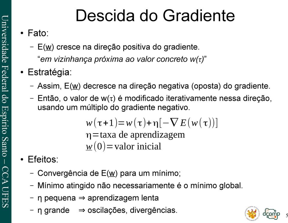 Então, o valor de w(τ) é modificado iterativamente nessa direção, usando um múltiplo do gradiente negativo.