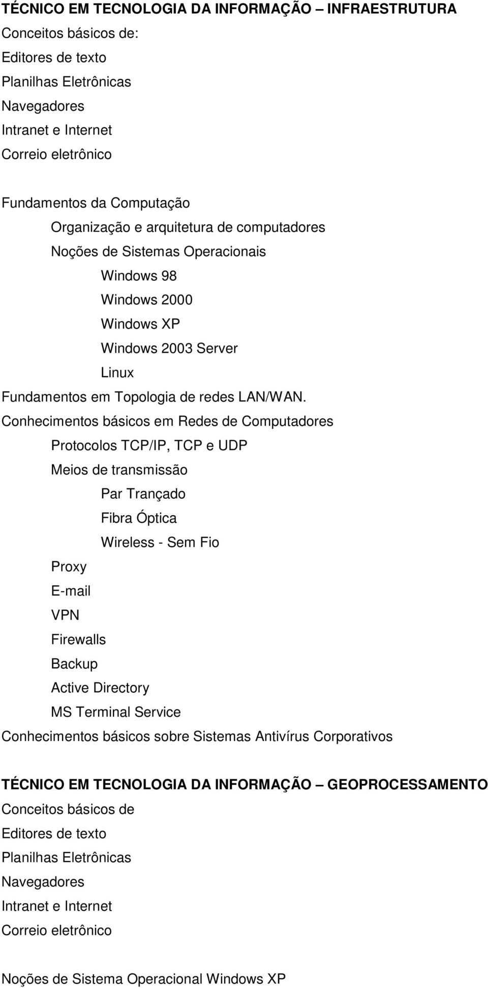 Conhecimentos básicos em Redes de Computadores Protocolos TCP/IP, TCP e UDP Meios de transmissão Par Trançado Fibra Óptica Wireless - Sem Fio Proxy E-mail VPN Firewalls Backup Active