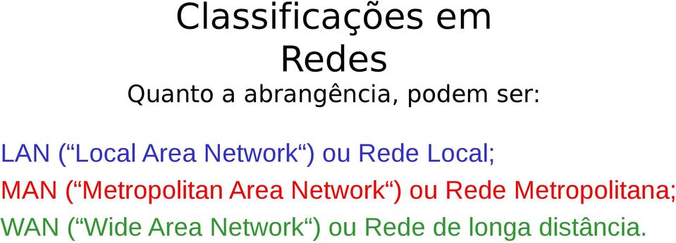 Metropolitan Area Network ) ou Rede Metropolitana;