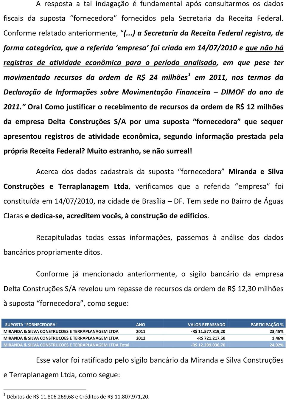 ter movimentado recursos da ordem de R$ 24 milhões 1 em 2011, nos termos da Declaração de Informações sobre Movimentação Financeira DIMOF do ano de 2011. Ora!