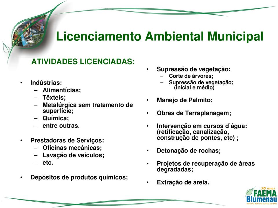 Depósitos de produtos químicos; Supressão de vegetação: Corte de árvores; Supressão de vegetação; (inicial e médio) Manejo de Palmito;