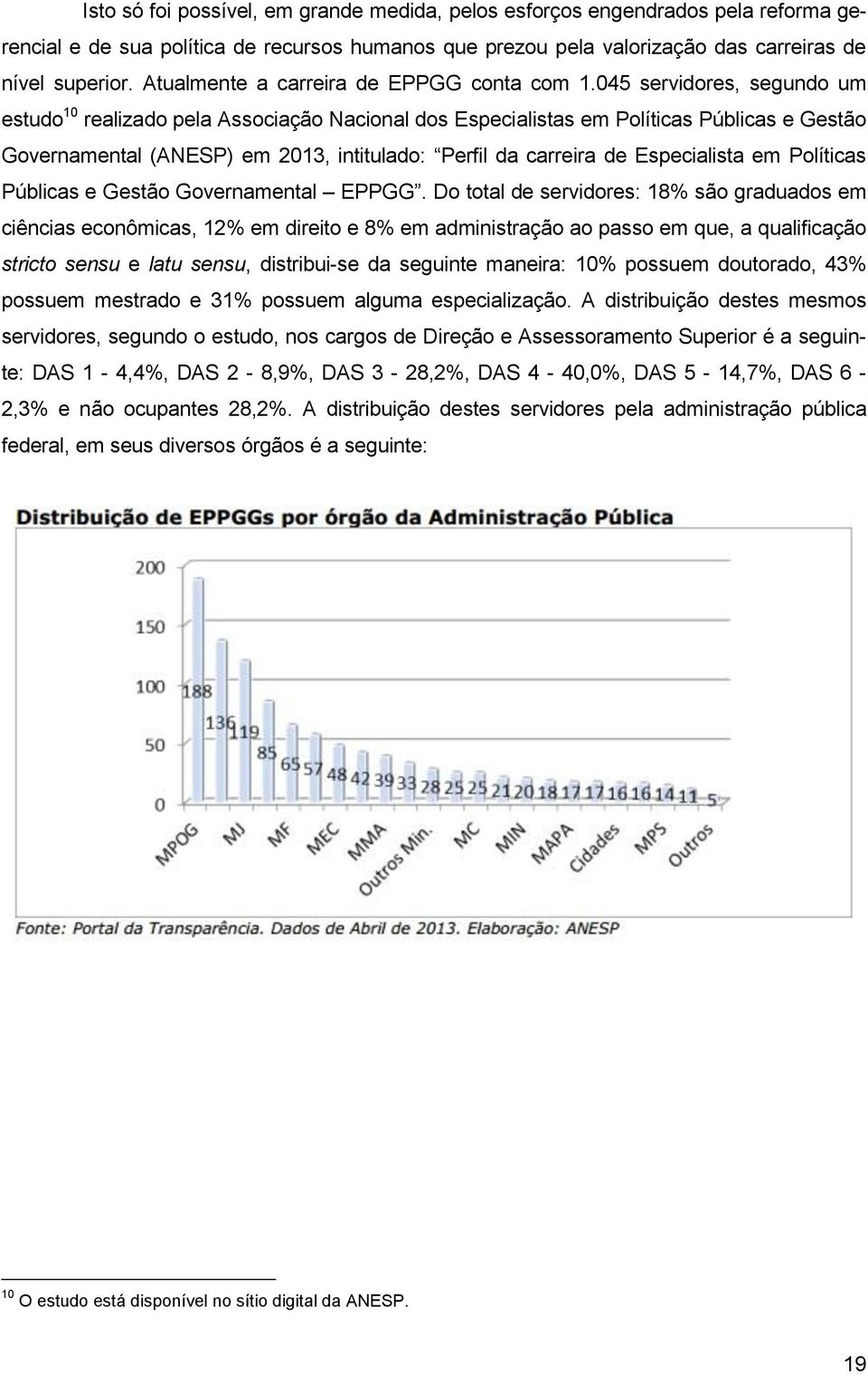 045 servidores, segundo um estudo 10 realizado pela Associação Nacional dos Especialistas em Políticas Públicas e Gestão Governamental (ANESP) em 2013, intitulado: Perfil da carreira de Especialista