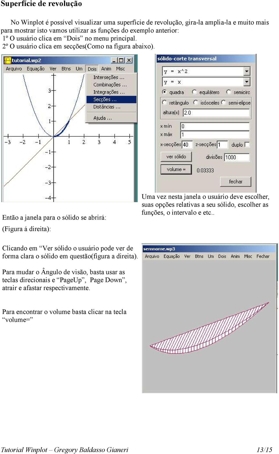 Então a janela para o sólido se abrirá: (Figura á direita): Uma vez nesta janela o usuário deve escolher, suas opções relativas a seu sólido, escolher as funções, o intervalo e etc.