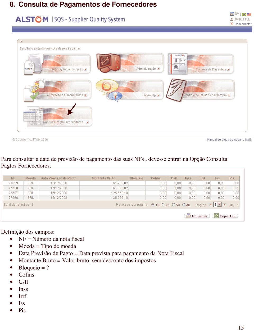 Definição dos campos: NF = Número da nota fiscal Moeda = Tipo de moeda Data Previsão de Pagto =